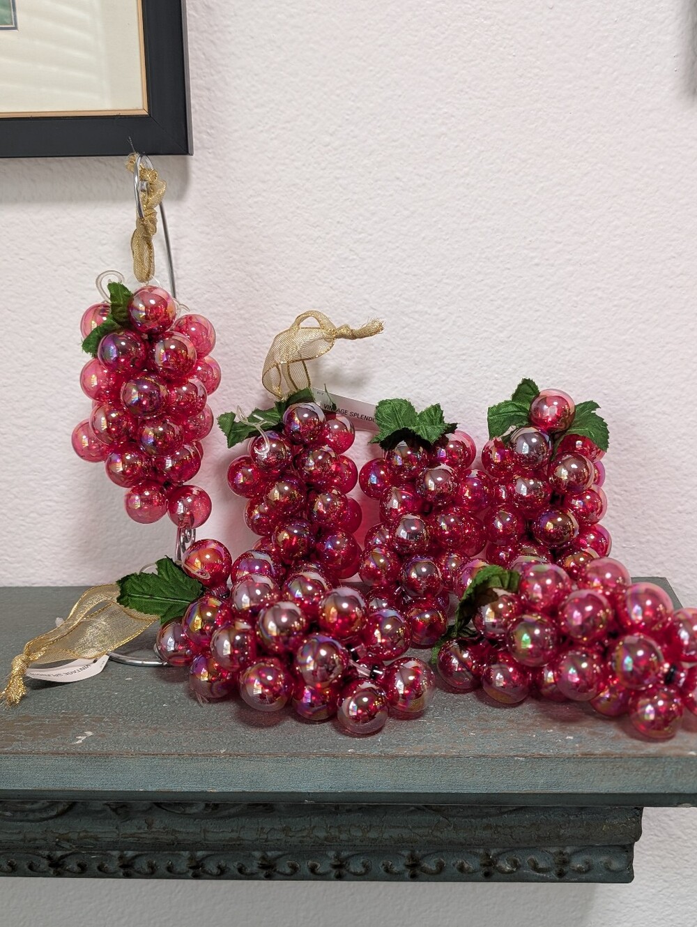 Lot of 6 Vintage Blown Glass Grape Cluster Red Iridescent Holiday Ornament Decor